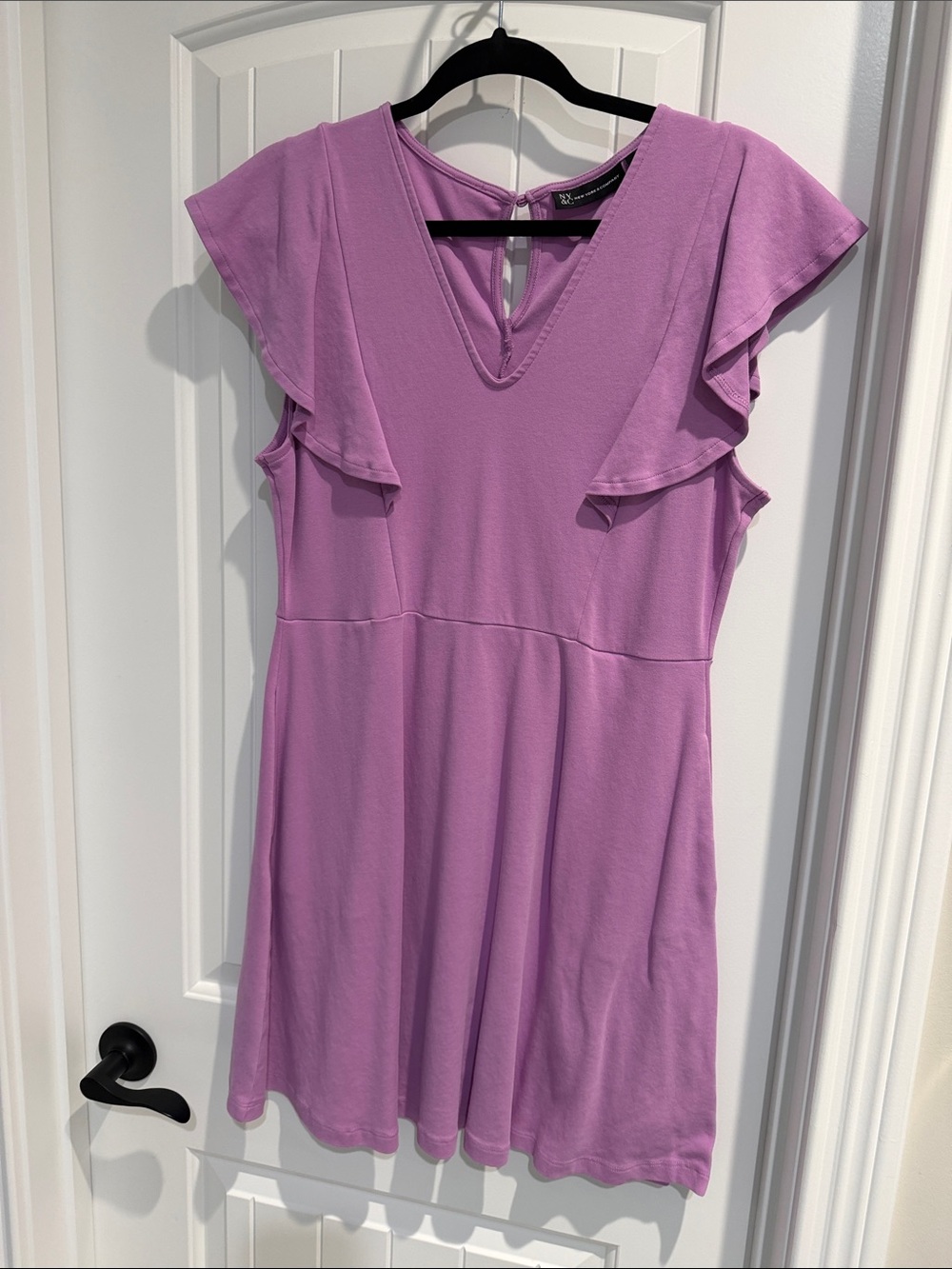 New York & Company Lavender Flutter Sleeve V-Neck Tunic Dress